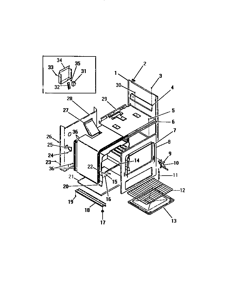 Frigidaire G21PCL1 oven cavity, panels, frame diagram