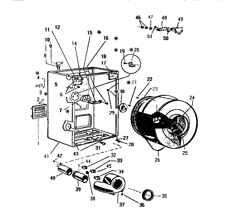 White-Westinghouse DE250EDH4 cabinet, drum, heater housing diagram