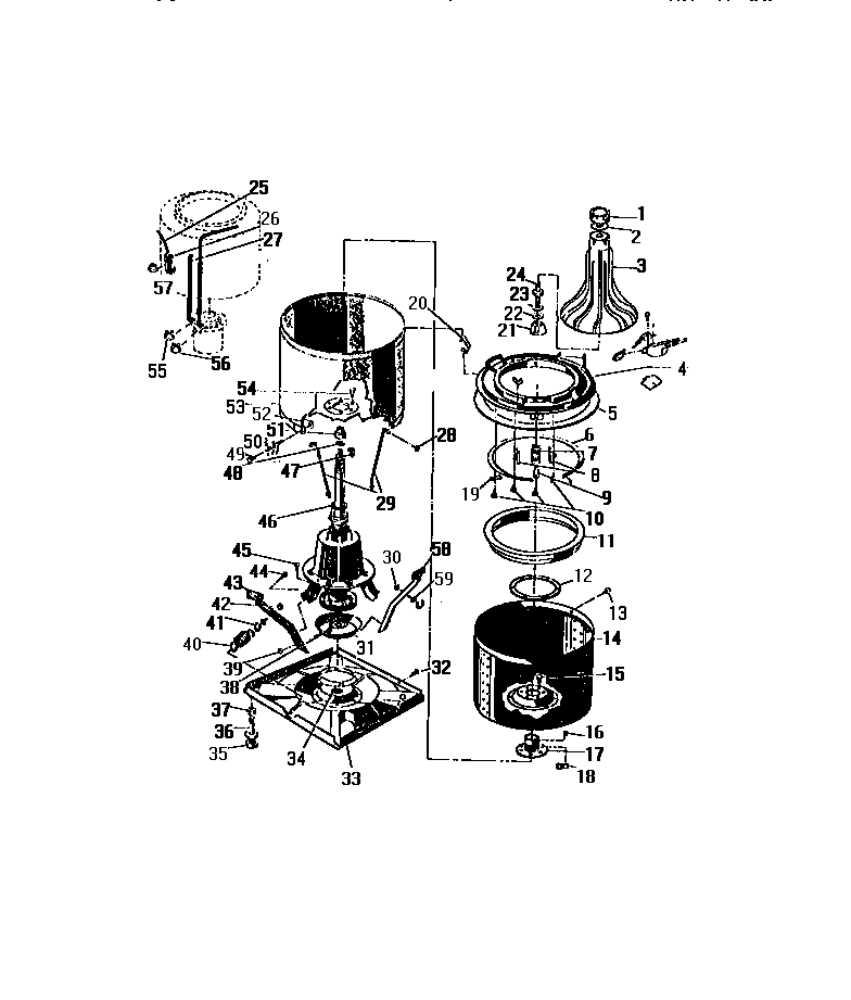 Frigidaire WC3MW2 tubs, base, sub-top, agitator diagram