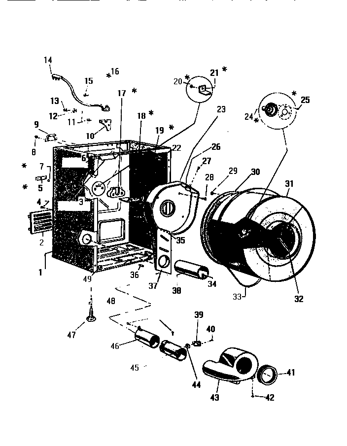 White-Westinghouse DG250JXW1 cabinet, drum, heater housing diagram