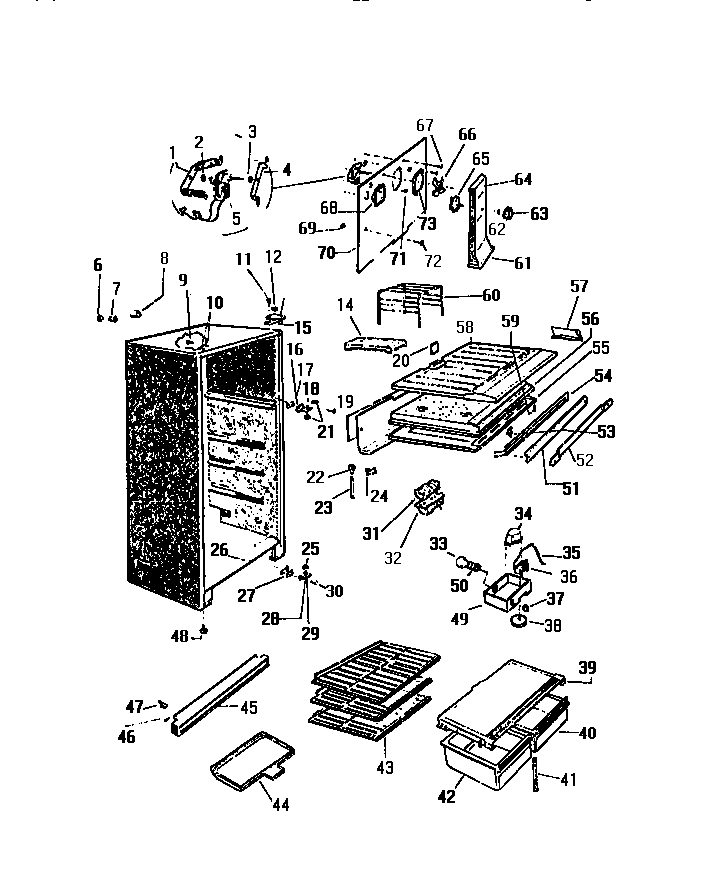 White-Westinghouse RT173GCW2 cabinet, shelves, divider, fan assembly diagram