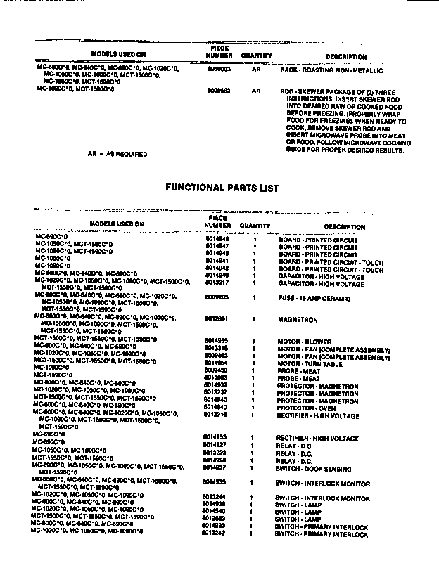 Frigidaire MC1050C0 accessories  & functional parts diagram