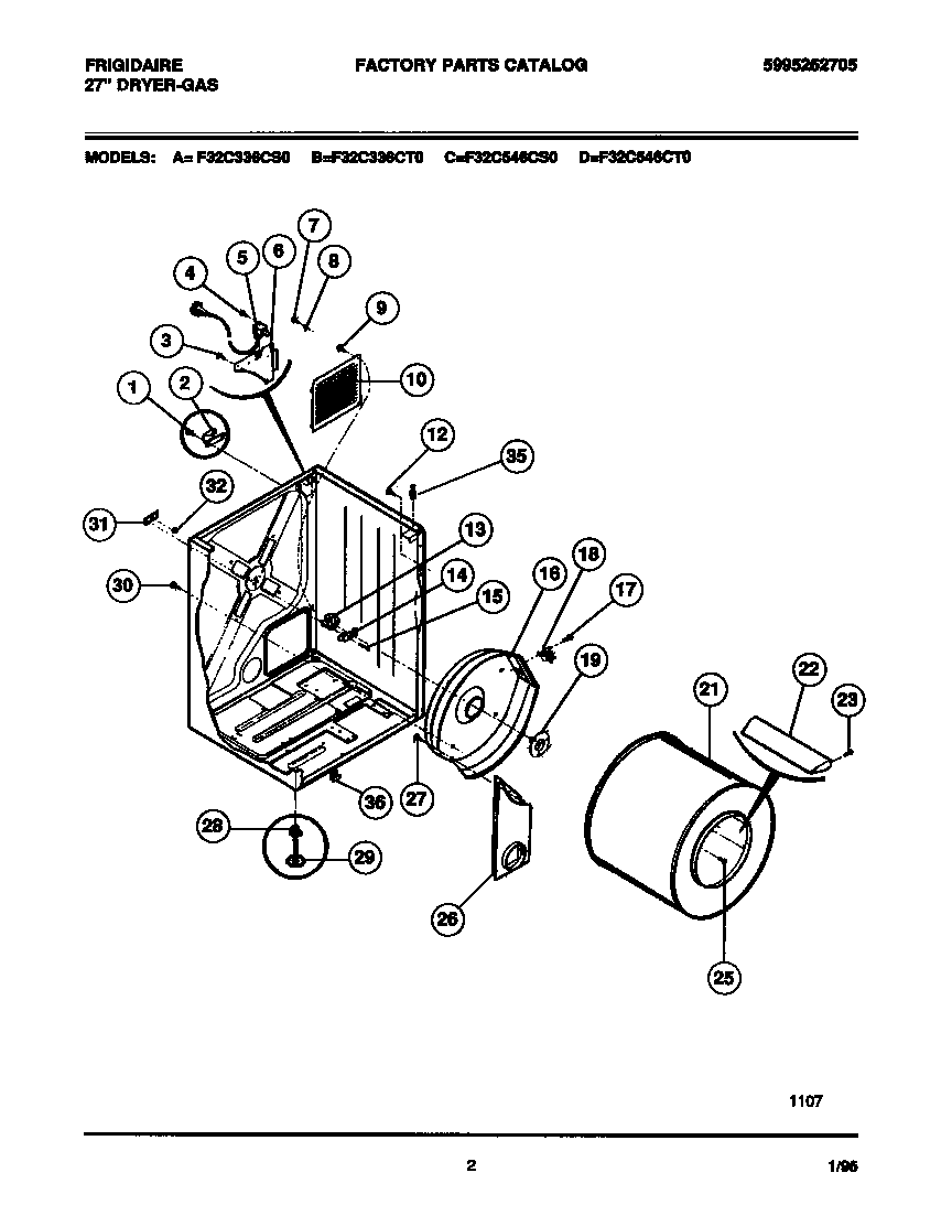 Frigidaire F32C336CS0 cabinet, drum, heat duct diagram