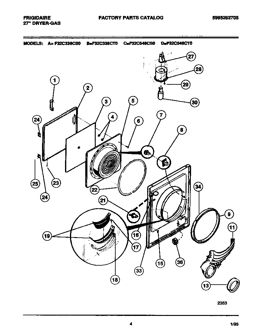 Frigidaire F32C336CS0 door, front panel, lint filter diagram