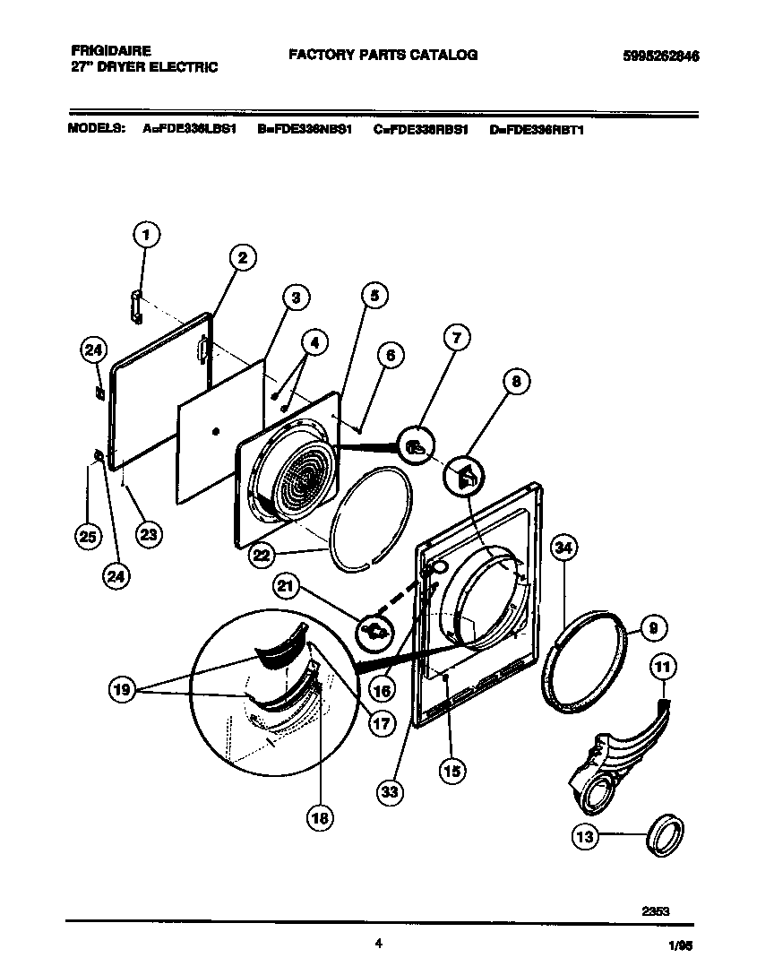 Frigidaire FDE336RBS1 door, front panel, lint filter diagram