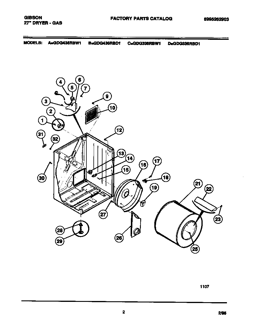 Gibson GDG336RBD1 cabinet, drum, heat duct diagram