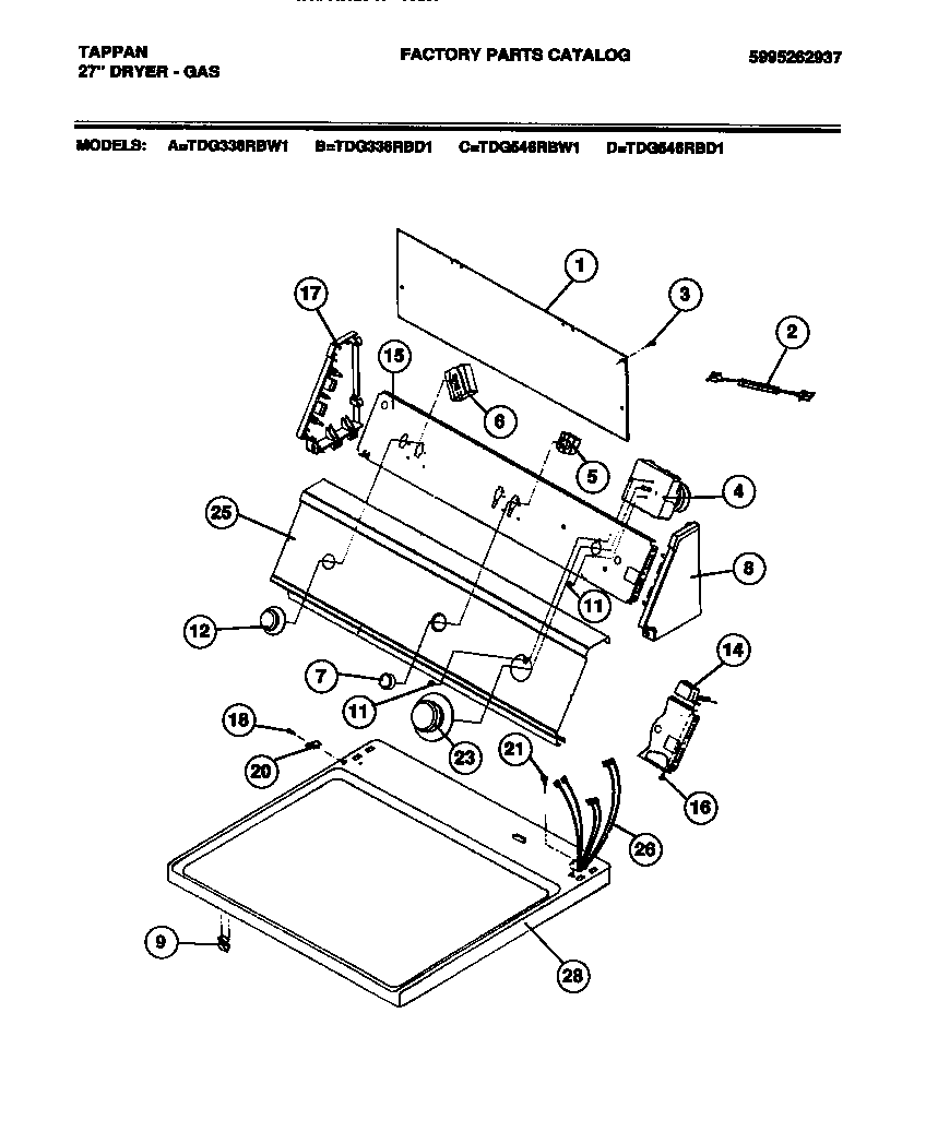 Tappan TDG546RBW1 console, controls diagram