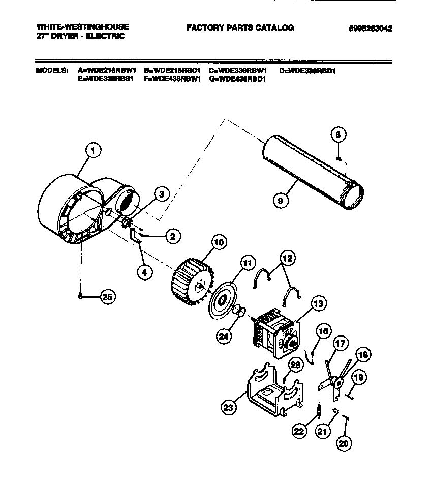 White-Westinghouse WDE436RBW1 motor, blower housing diagram