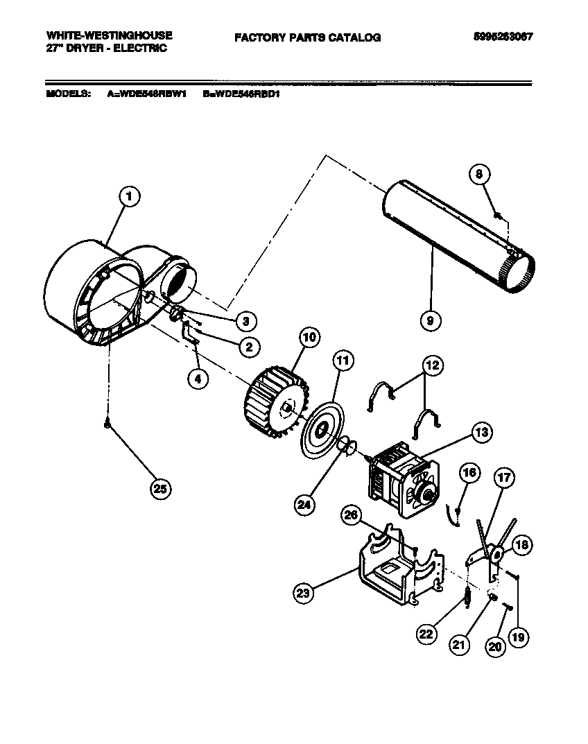 White-Westinghouse WDE546RBD1 motor, blower housing diagram