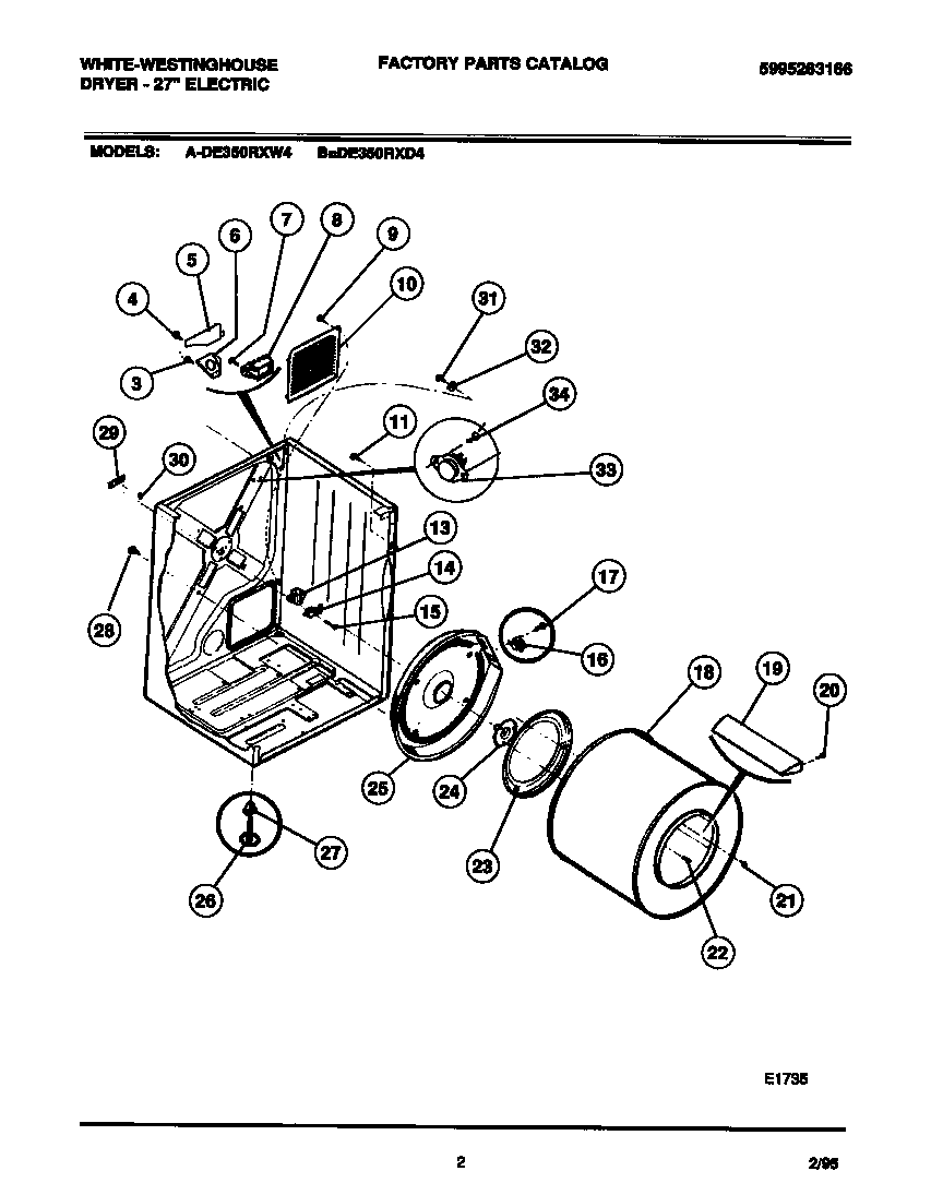 White-Westinghouse DE350RXD4 cabinet, drum, heater assembly diagram