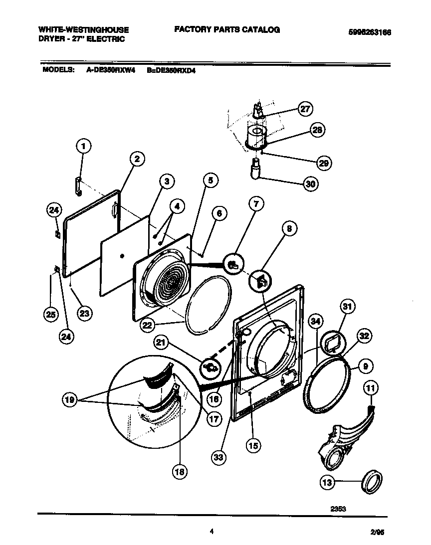 White-Westinghouse DE350RXD4 door, front panel, lint filter diagram