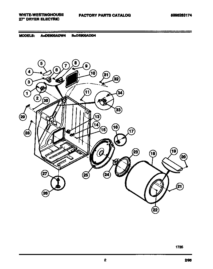 White-Westinghouse DE800ADW4 cabinet, drum, heater assembly diagram