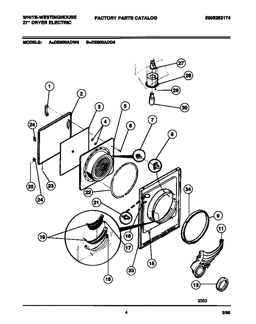 White-Westinghouse DE800ADW4 door, front panel, lint filter diagram