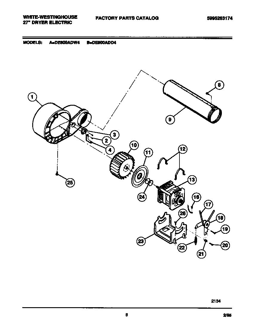 White-Westinghouse DE800ADW4 motor, fan housing, exhaust duct diagram