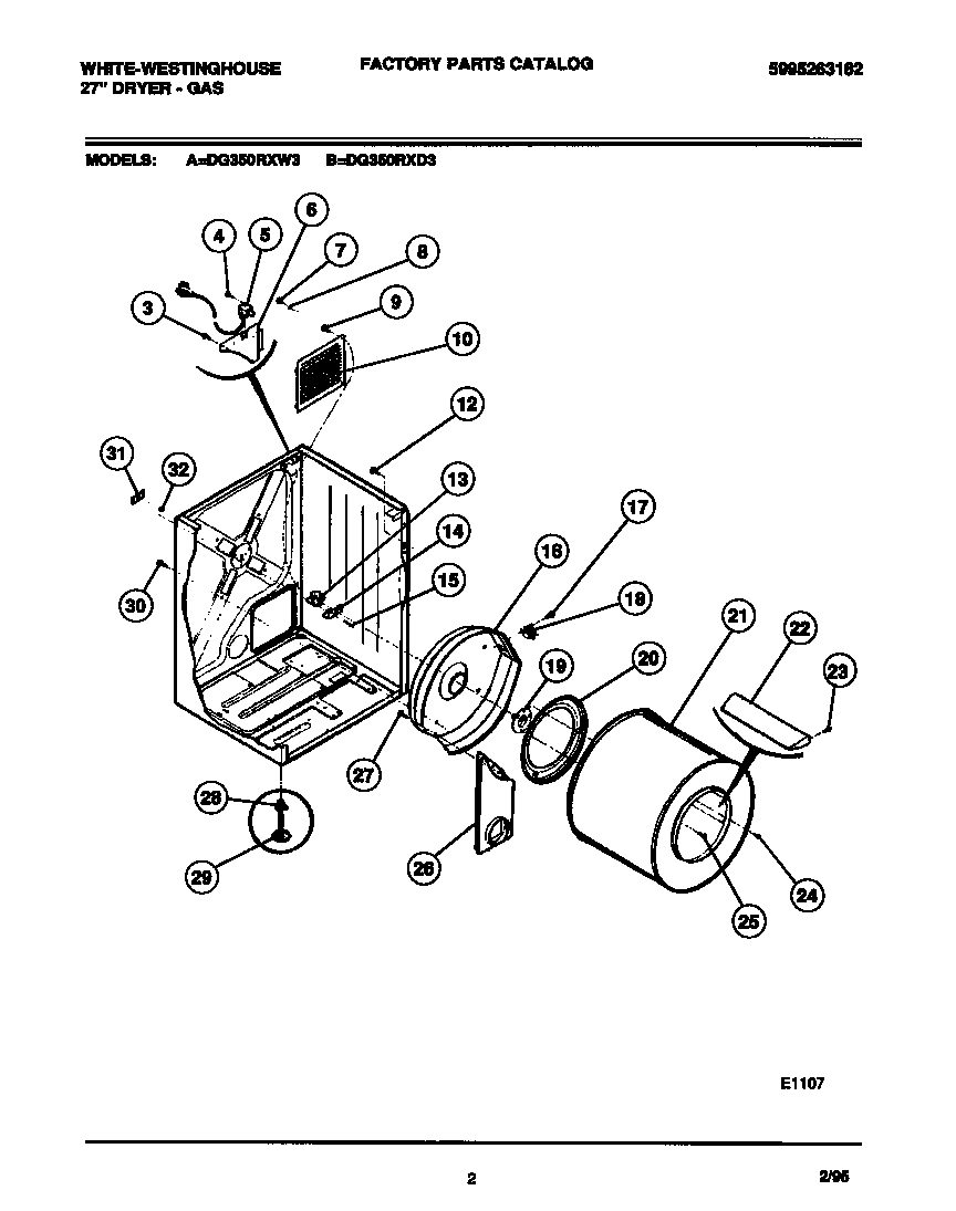 White-Westinghouse DG350RXD3 cabinet, drum, heat duct diagram