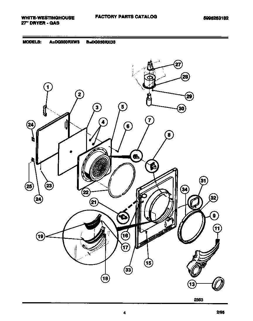 White-Westinghouse DG350RXD3 door, front panel, lint filter diagram