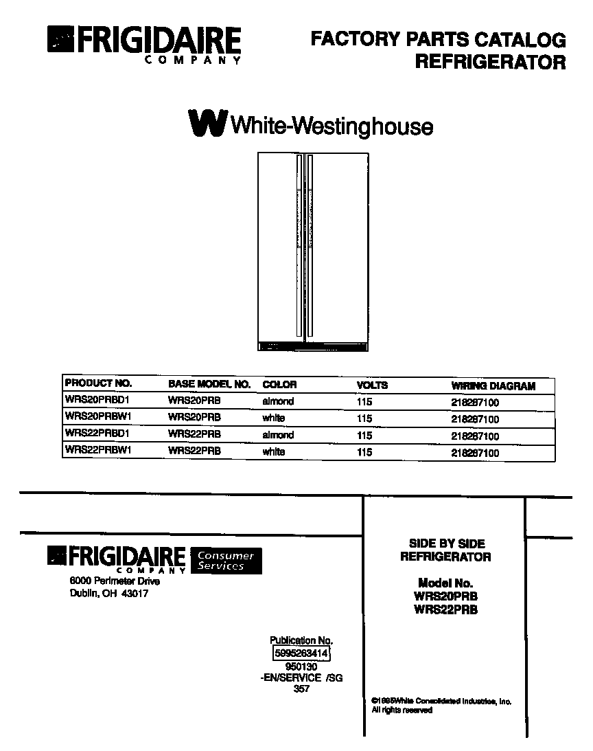 White-Westinghouse WRS22PRBW1 front cover diagram