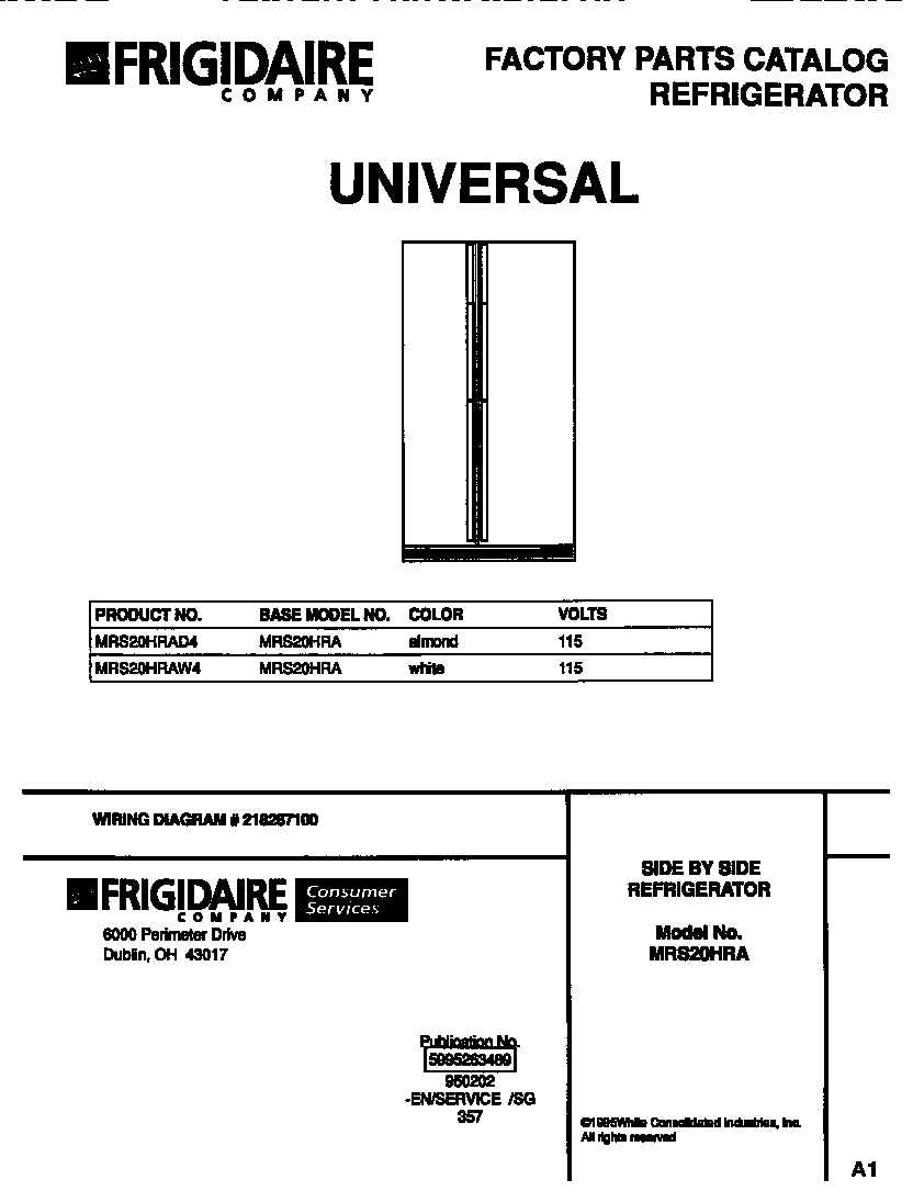 Universal/Multiflex (Frigidaire) MRS20HRAW4 front cover diagram