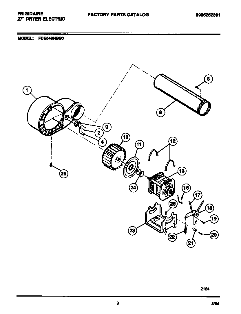 Frigidaire FDE546NBT0 motor, fan housing, exhaust duct diagram