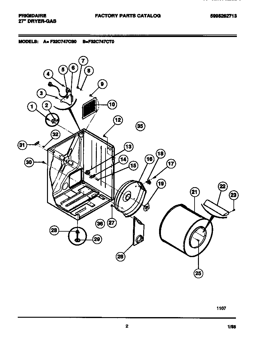 Frigidaire F32C747CT0 cabinet, drum, heat duct diagram