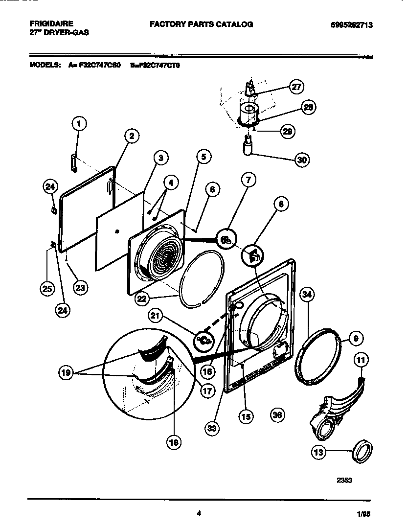 Frigidaire F32C747CT0 door, front panel, lint filter diagram