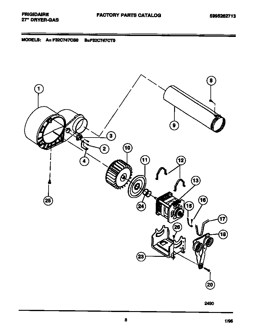 Frigidaire F32C747CT0 motor, fan housing, exhaust duct diagram