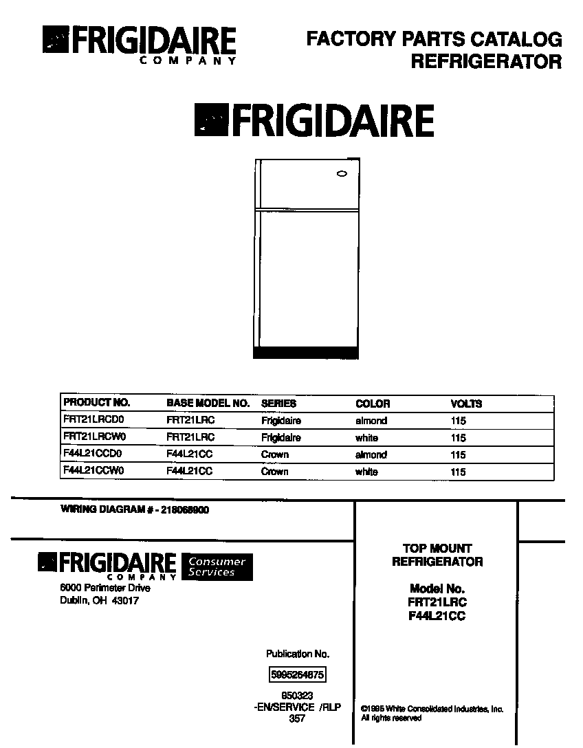Frigidaire F44L21CCW0 cover page diagram