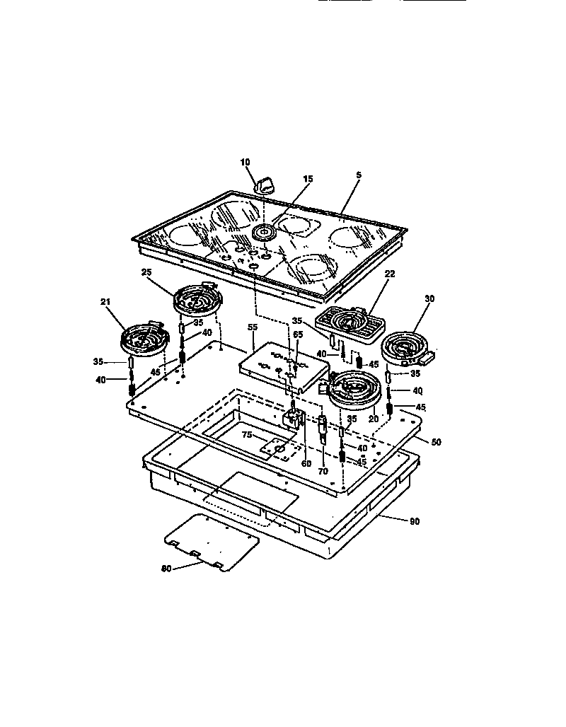 Frigidaire FEC6X8XAS1 control panel, top, switches, surface units, drip pans diagram