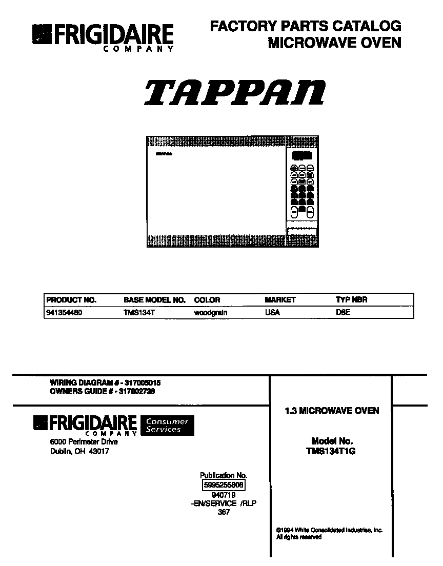Tappan TMS134T cover page diagram