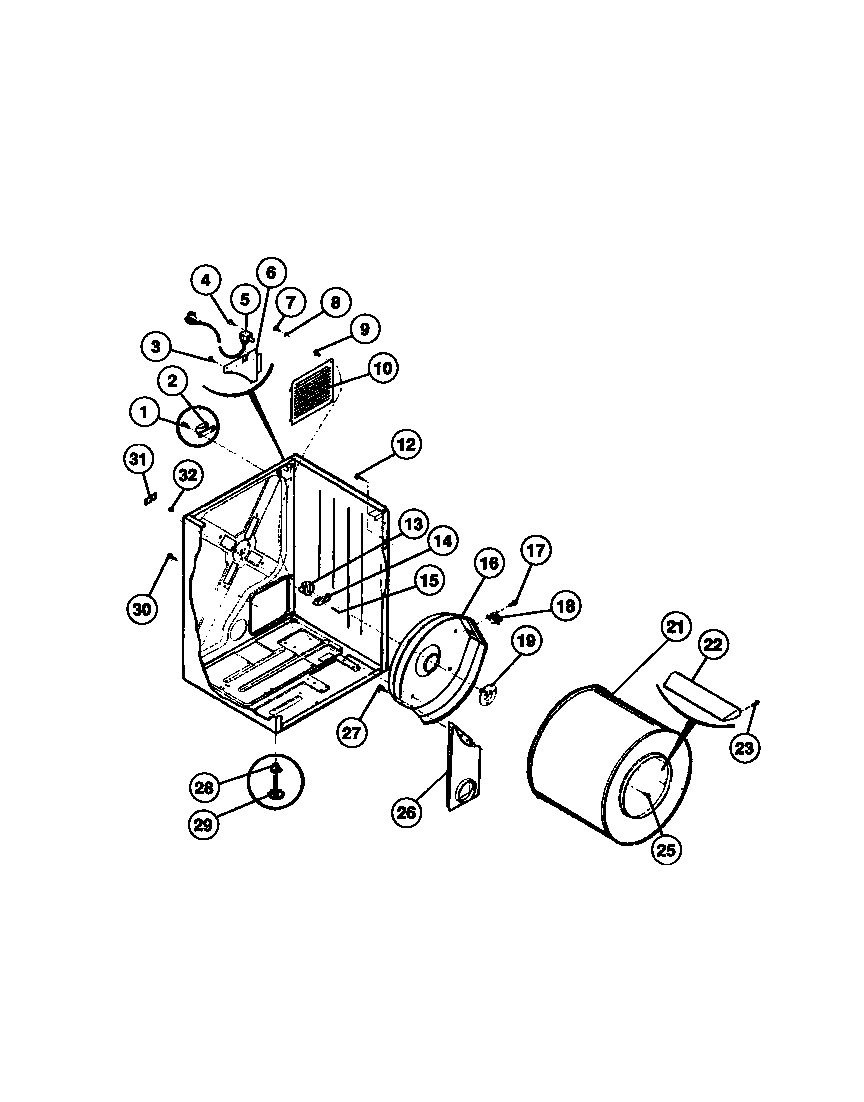 Frigidaire FDG546DBW1 cabinets, drum and heater diagram