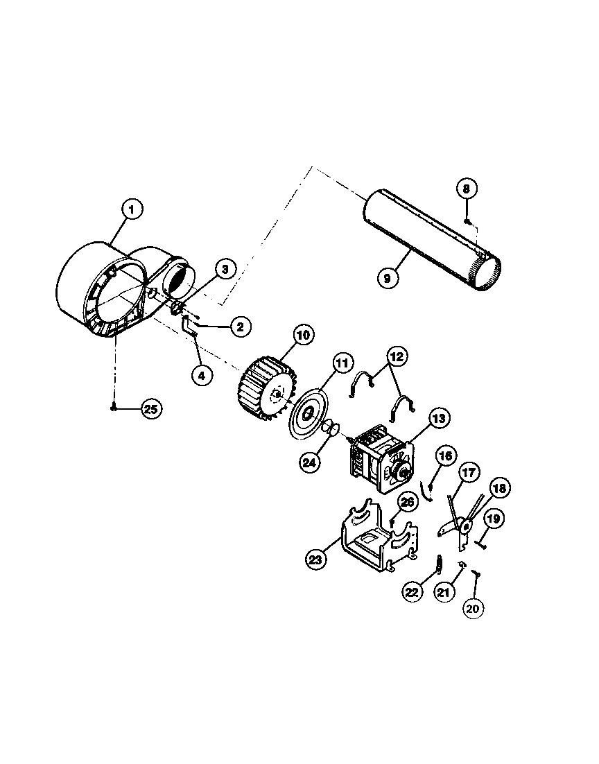 Frigidaire FDG546DBW1 motor, fan housing and exhaust duct diagram