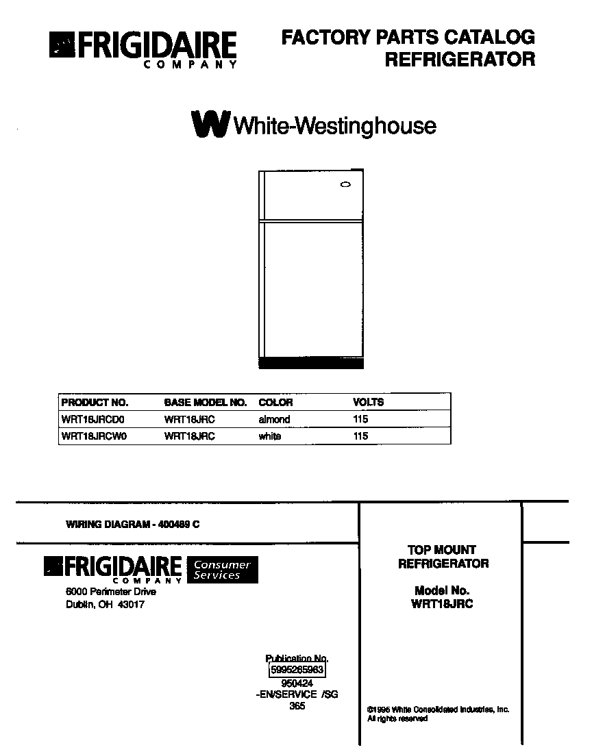 White-Westinghouse WRT18JRCD0 cover page diagram