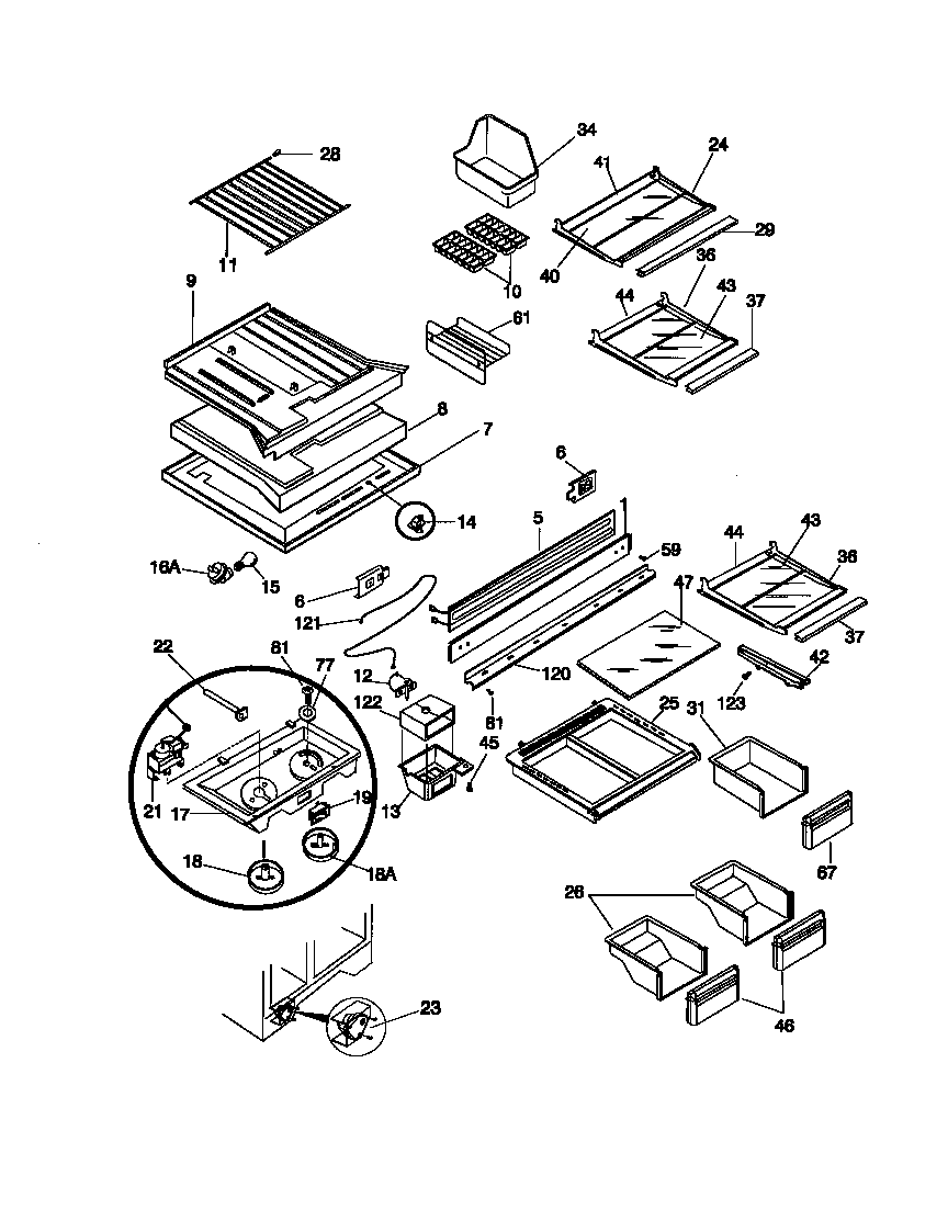 Frigidaire FRT22PRCW0 shelves, controls diagram