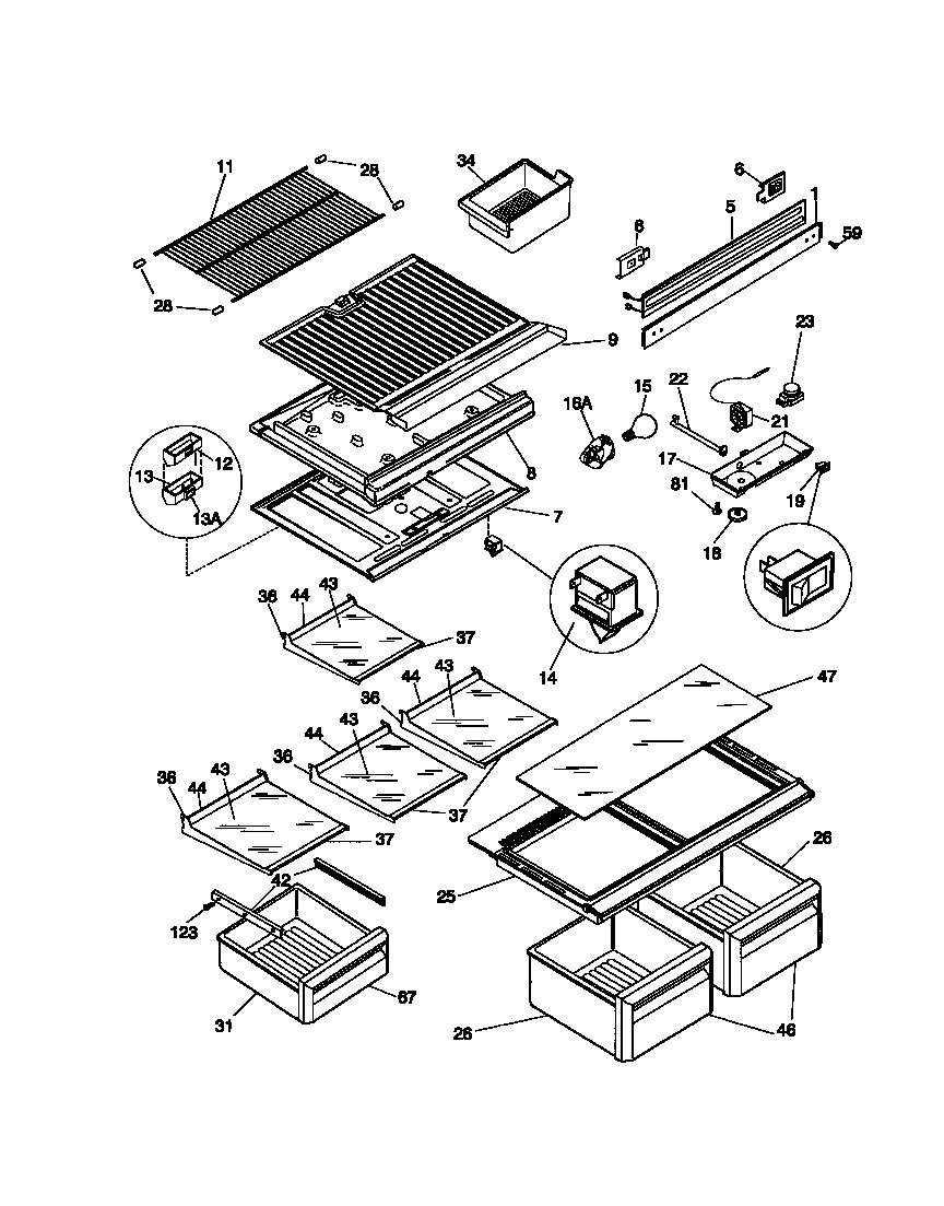 Frigidaire FRT18TSCW0 shelves, controls diagram