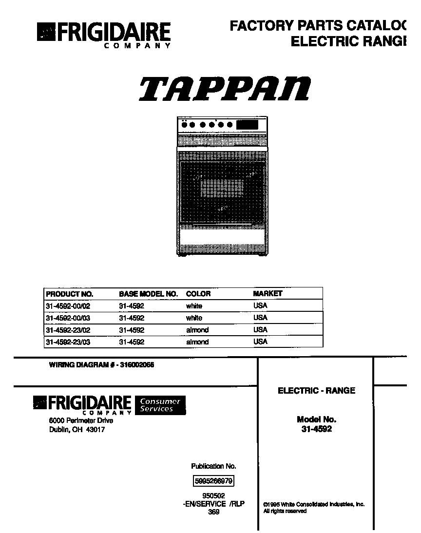 Tappan 31-4592-23-02 cover page diagram