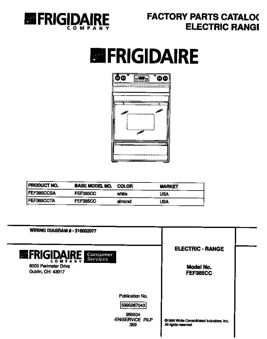 Frigidaire FEF385CCTA cover page diagram