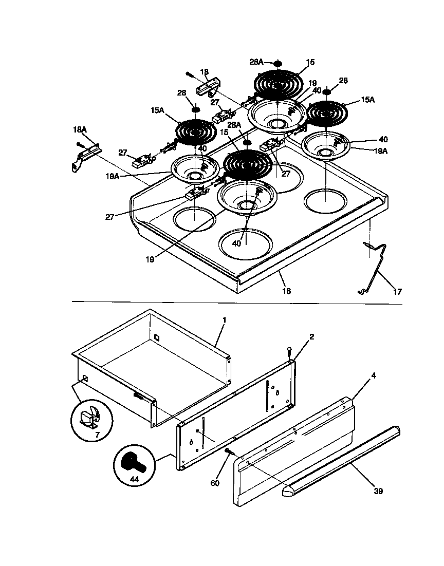 Frigidaire FEF385CCTA top, drawer diagram