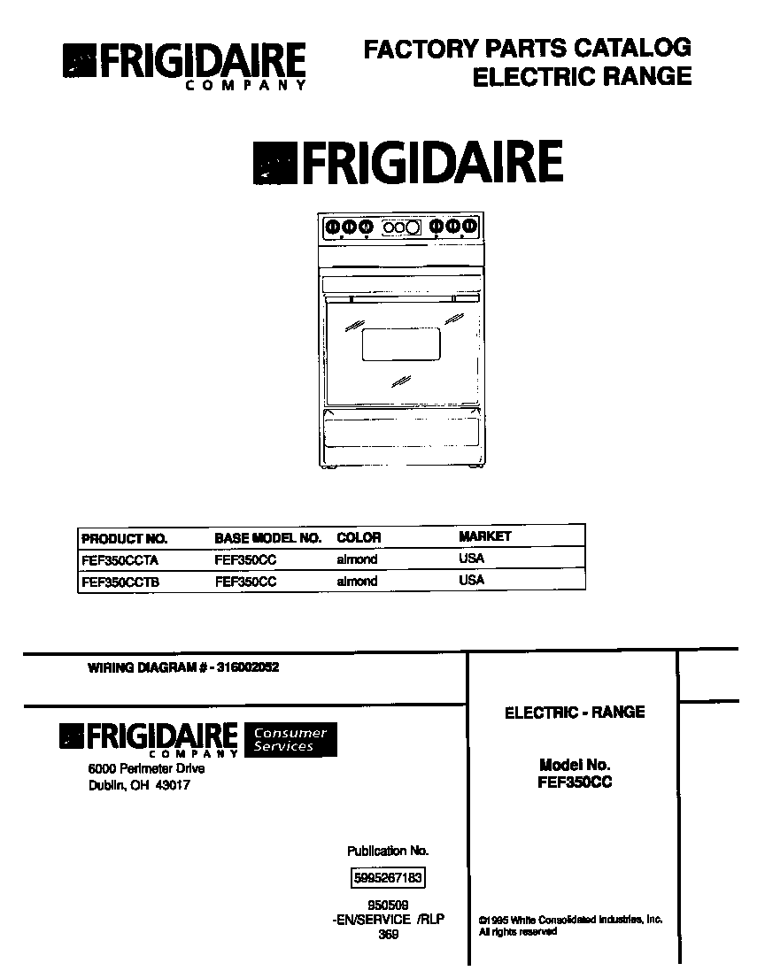 Frigidaire FEF350CCTB cover page diagram