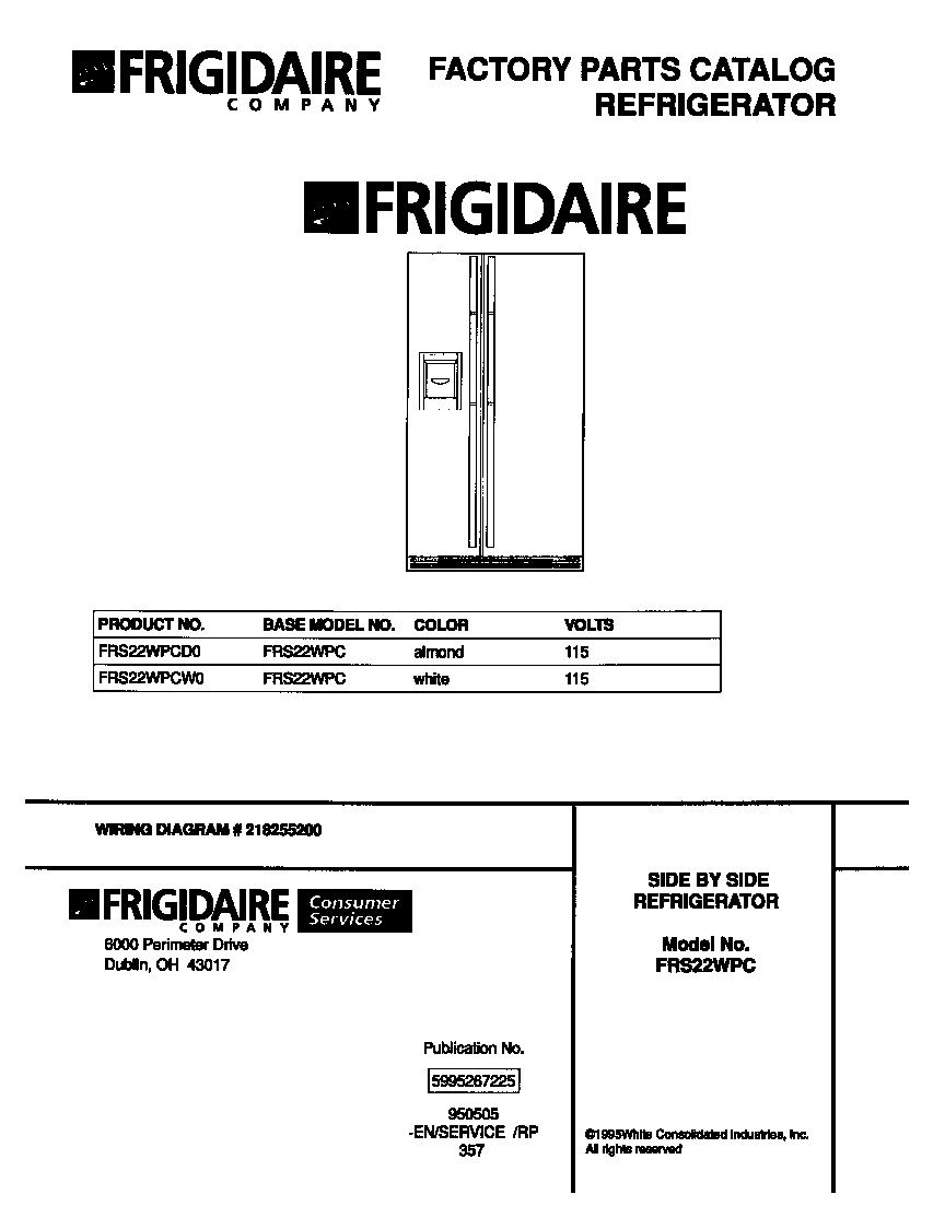 Frigidaire FRS22WPCW0 front cover diagram