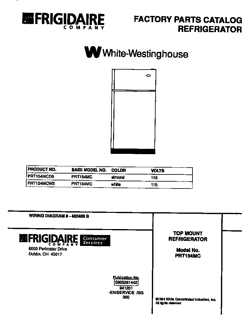White-Westinghouse PRT154MCW5 cover page diagram
