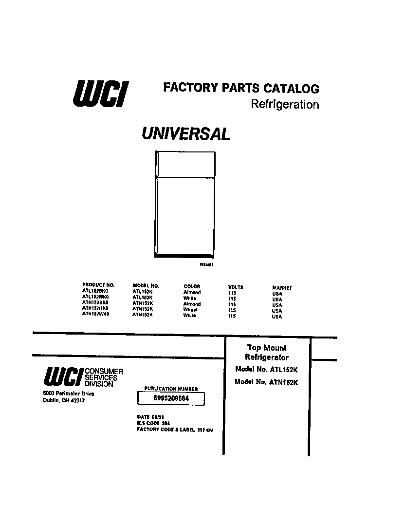 Frigidaire ATL152HK0 top mount refrigerator diagram