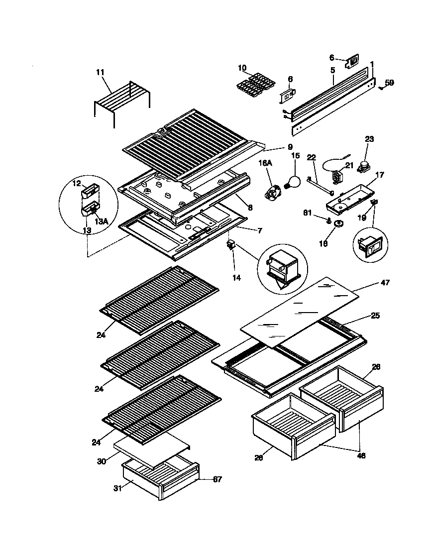 Universal/Multiflex (Frigidaire) MRT18DNCW0 shelves, controls diagram