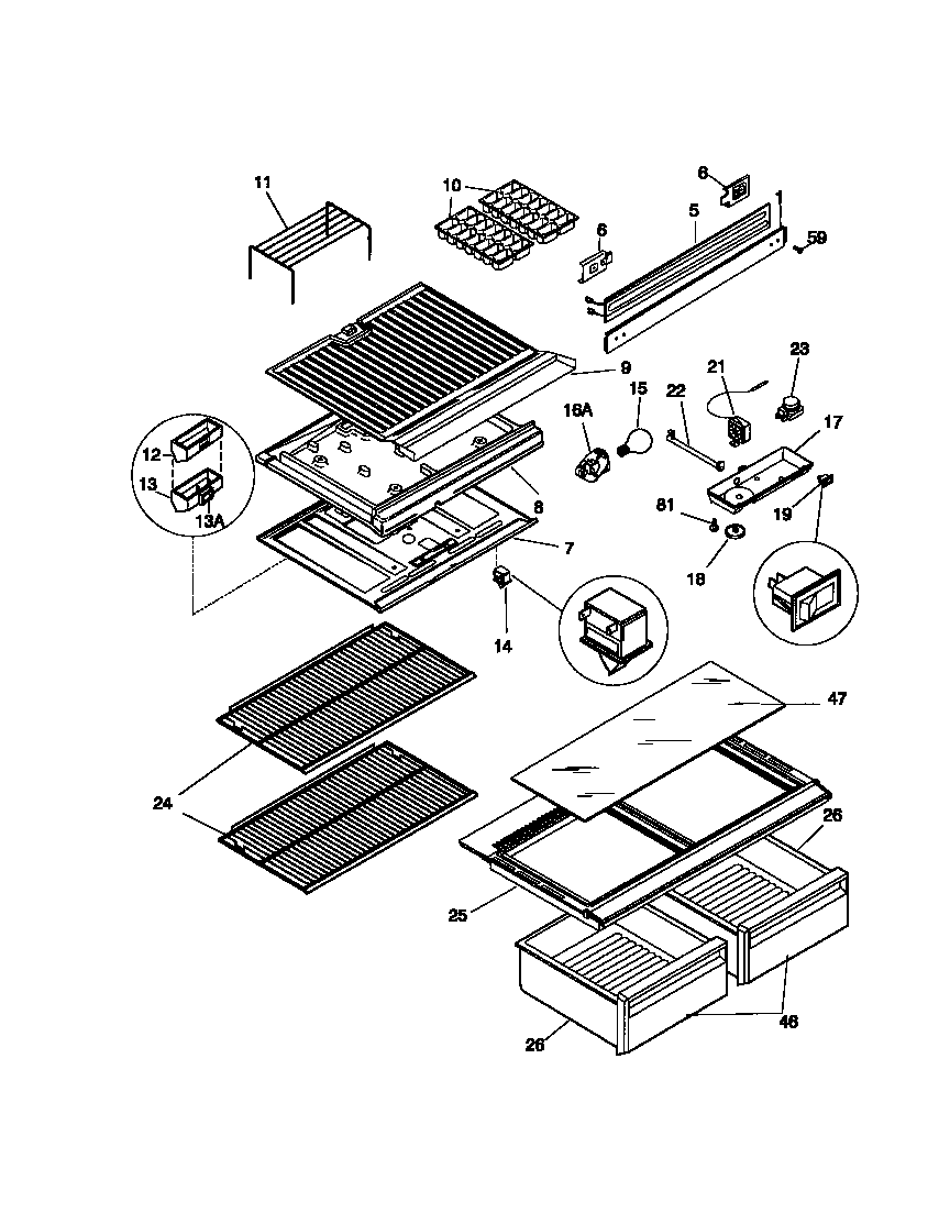 Universal/Multiflex (Frigidaire) MRT18CSCD0 shelves, controls diagram