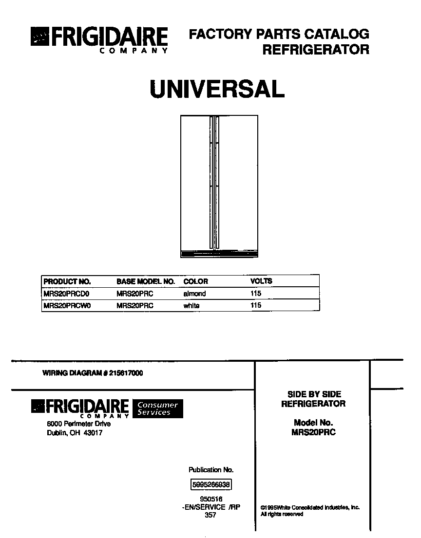 Universal/Multiflex (Frigidaire) MRS20PRCW0 front cover diagram