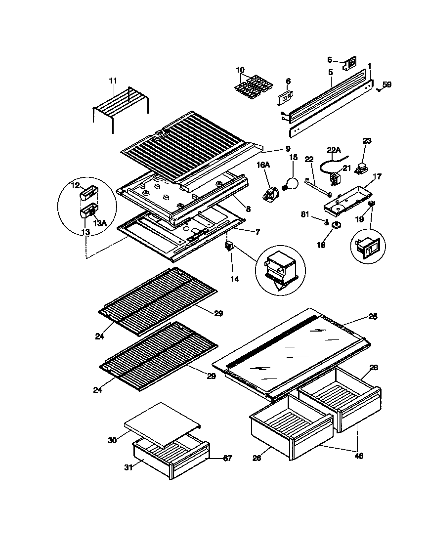 Universal/Multiflex (Frigidaire) MRT15DNCD0 shelves, controls diagram
