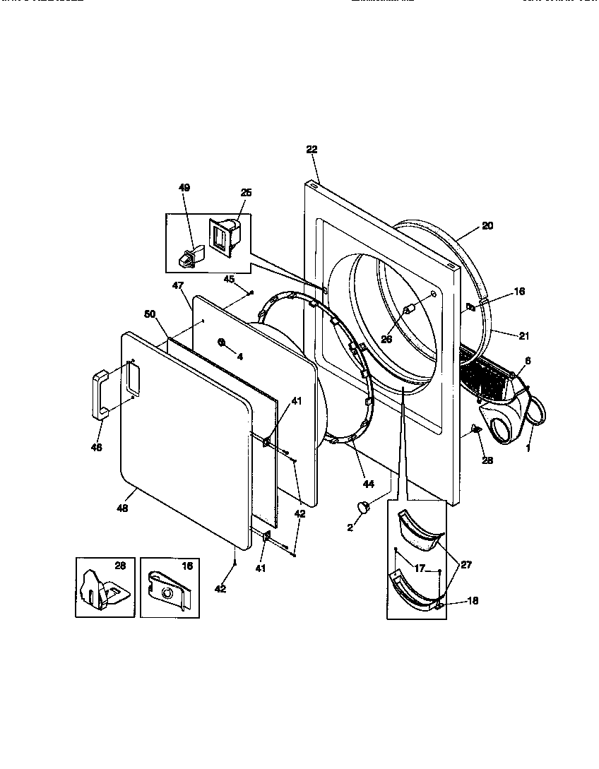 Universal/Multiflex (Frigidaire) MDE436RBW1 front panel/lint filter diagram
