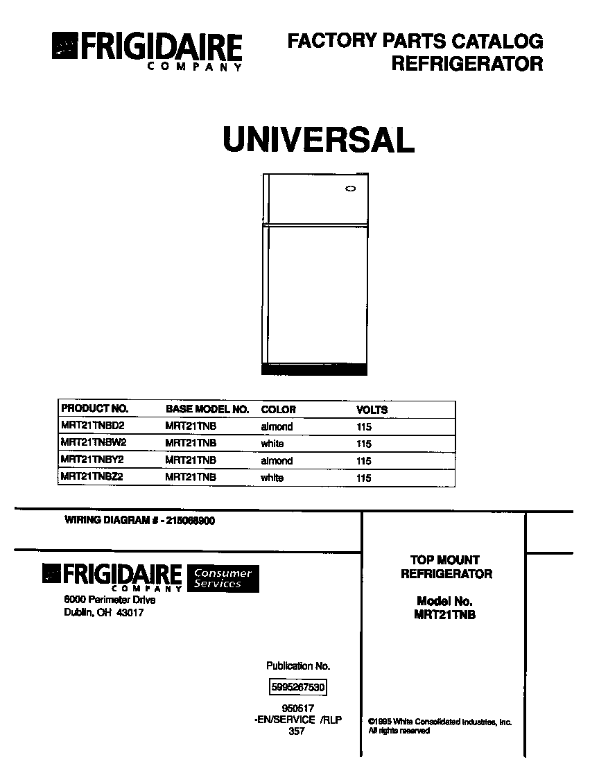Universal/Multiflex (Frigidaire) MRT21TNBD2 cover page diagram