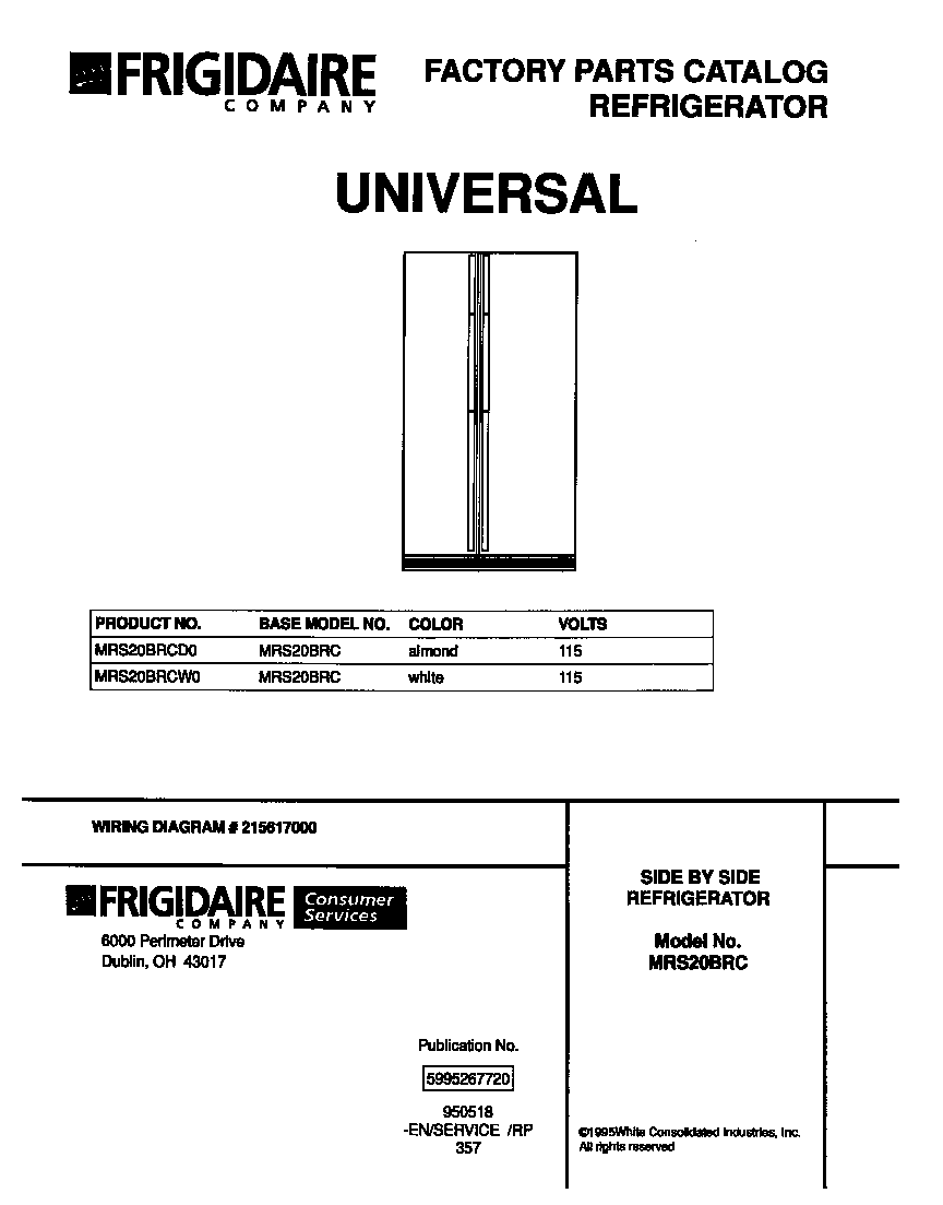 Universal/Multiflex (Frigidaire) MRS20BRCD0 front cover diagram