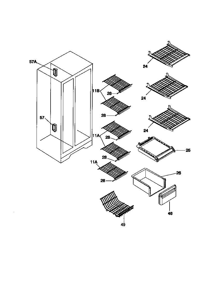 Universal/Multiflex (Frigidaire) MRS20BRCD0 shelves diagram