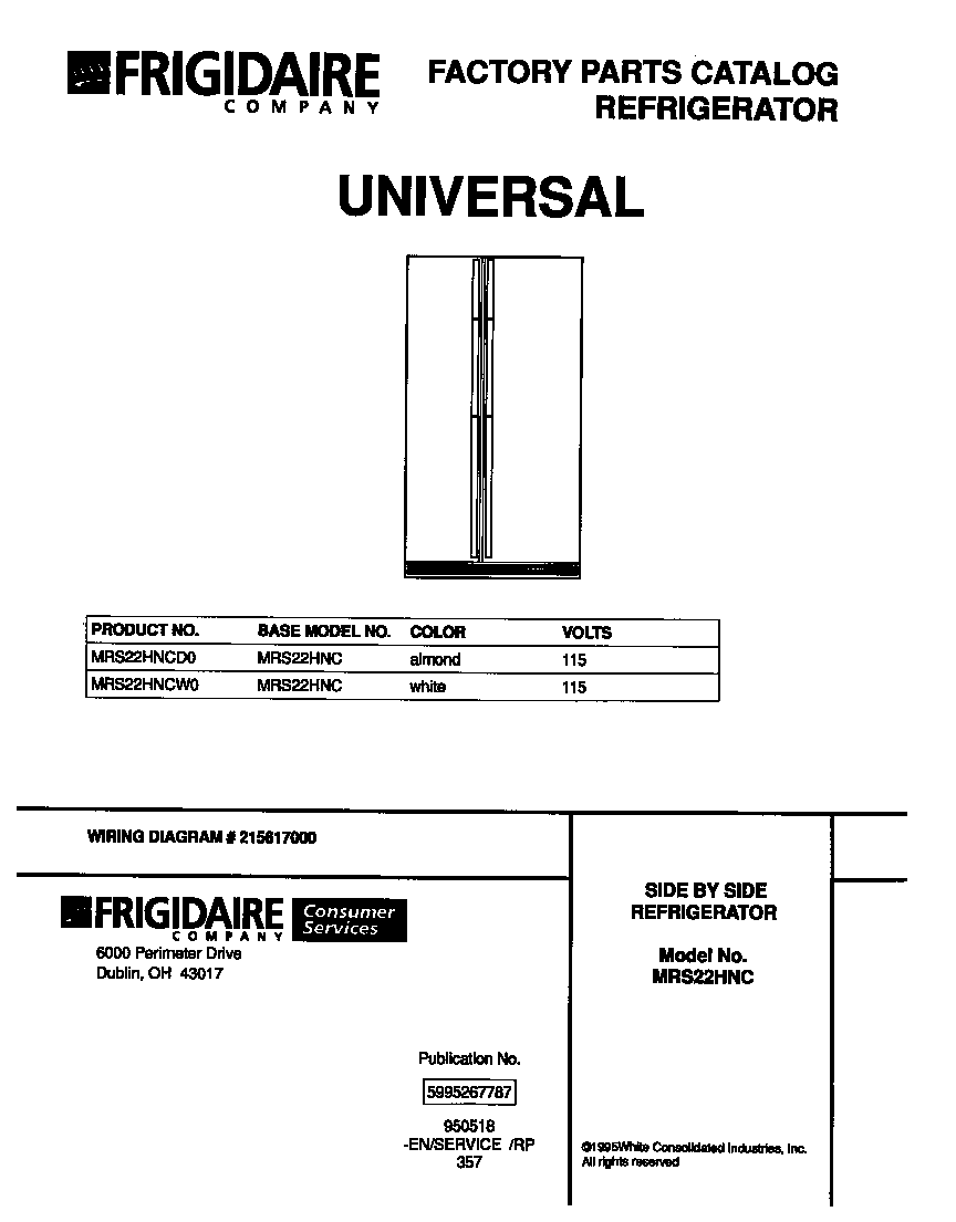 Universal/Multiflex (Frigidaire) MRS22HNCD0 front cover diagram